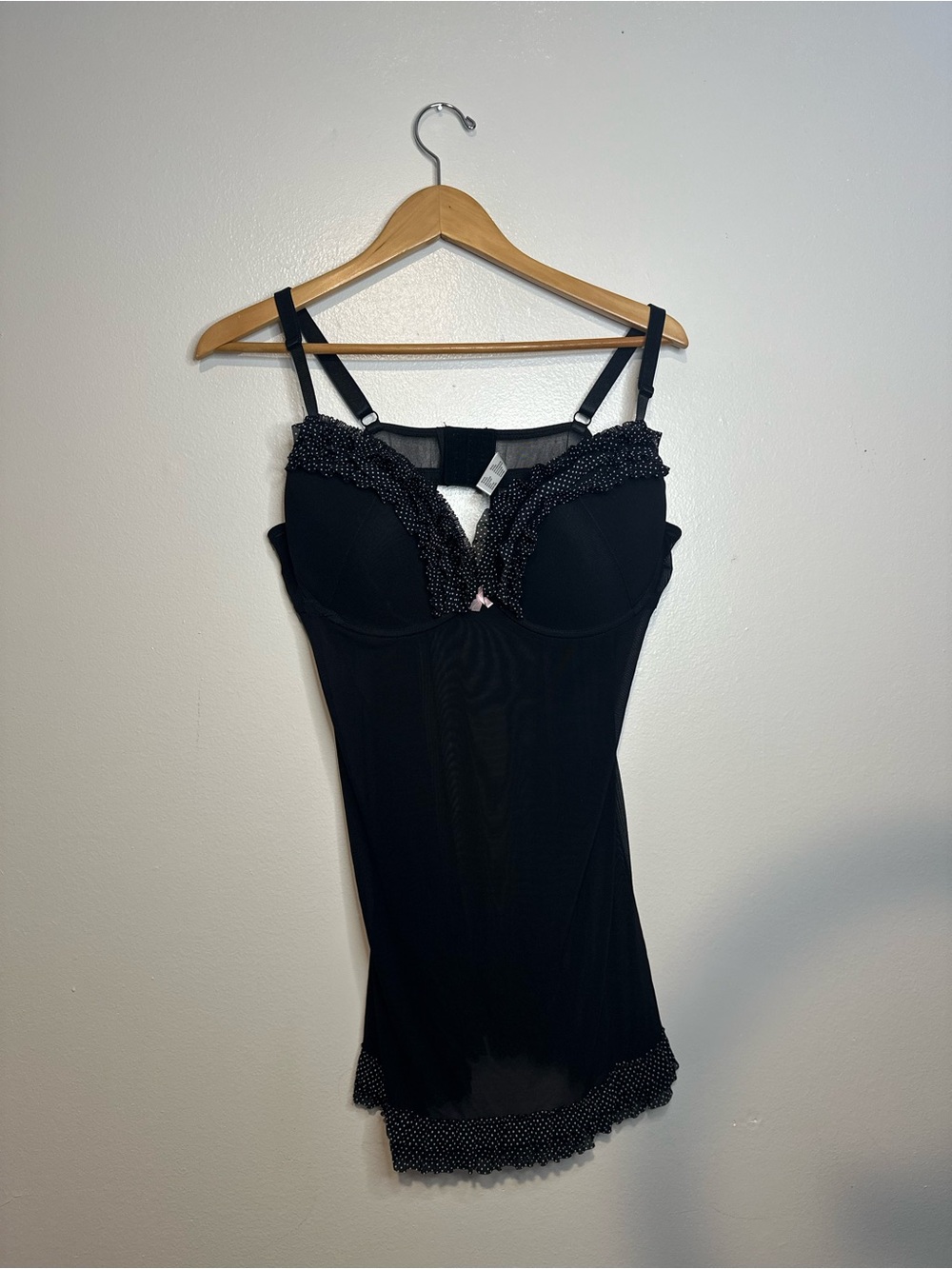 Dreamwear Black Pink Mesh Babydoll Lingerie Chemise Polka Dot Ruffle Trim 22/24